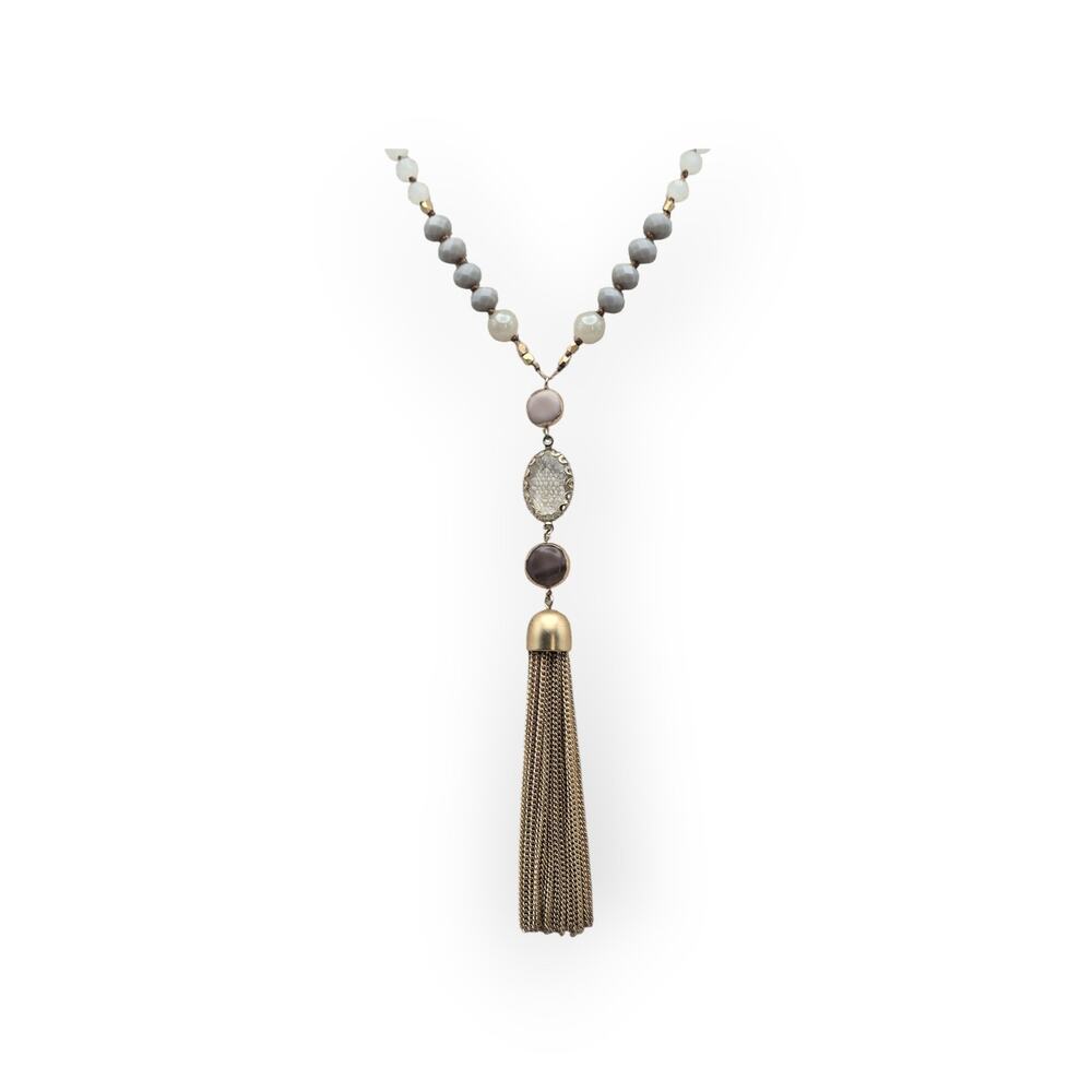 Loft Beaded Tassel Necklace Gold Gray Beads Statement Jewelry - Picture 4 of 8